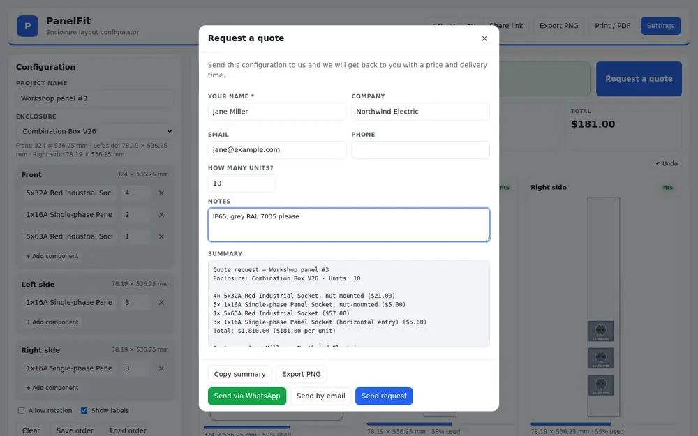 Quote request dialog with summary